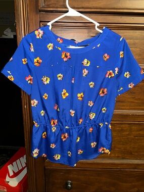 attention Royal Blue Floral Peplum Blouse